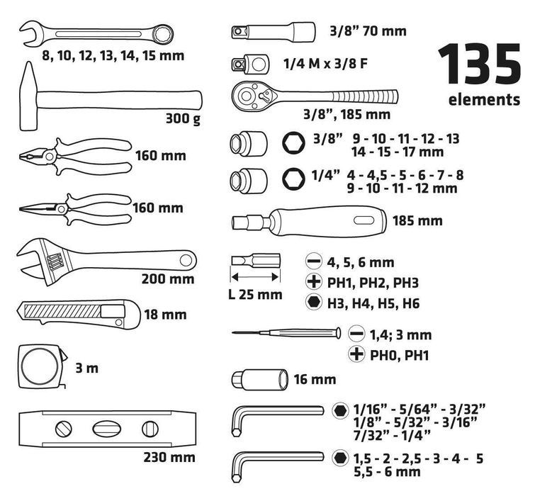 Zestaw narzędzi w walizce, 135 elementów