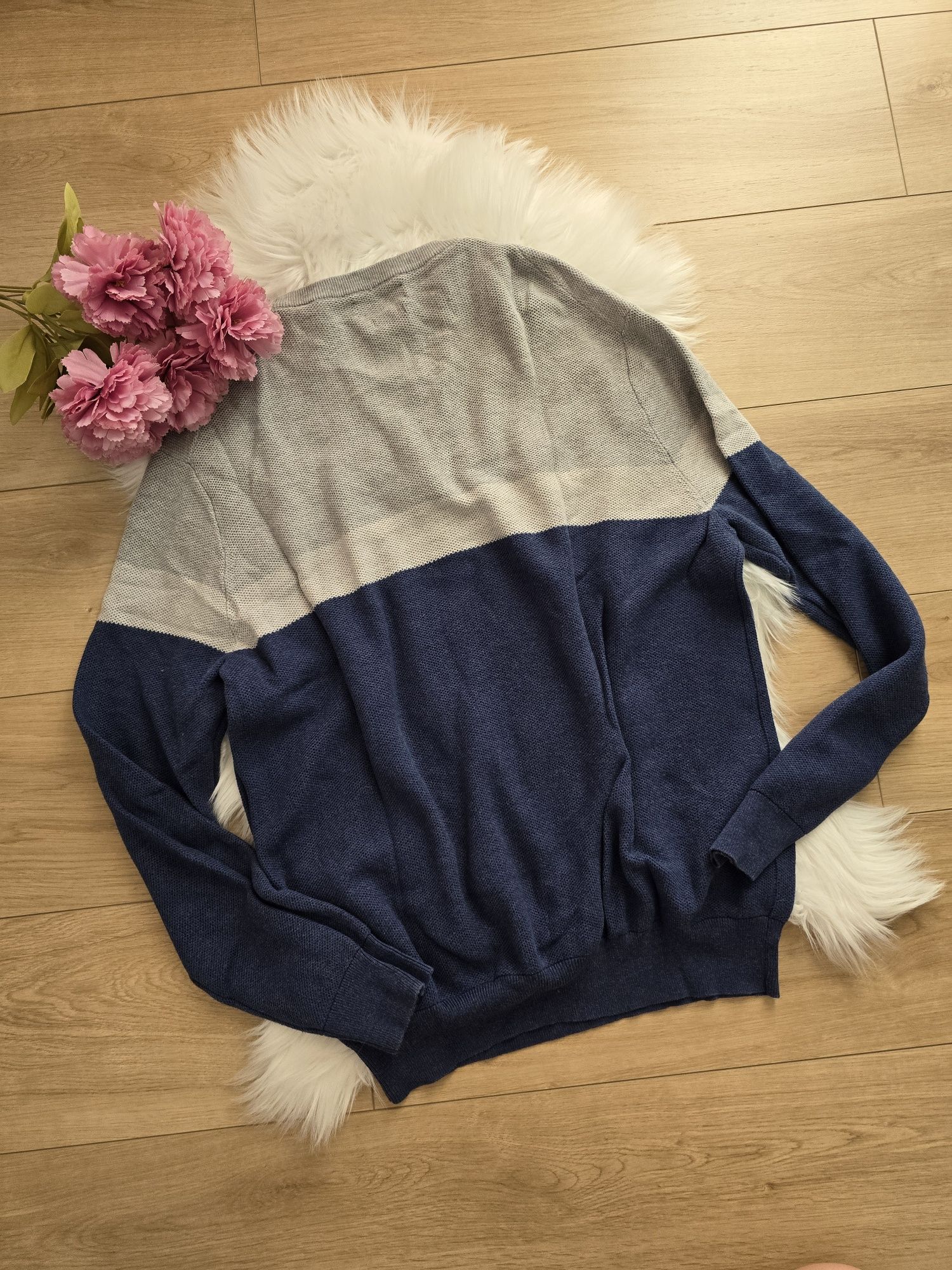 Sweter męski Ralph Lauren L paski szary granatowy bawełna cotton bdb