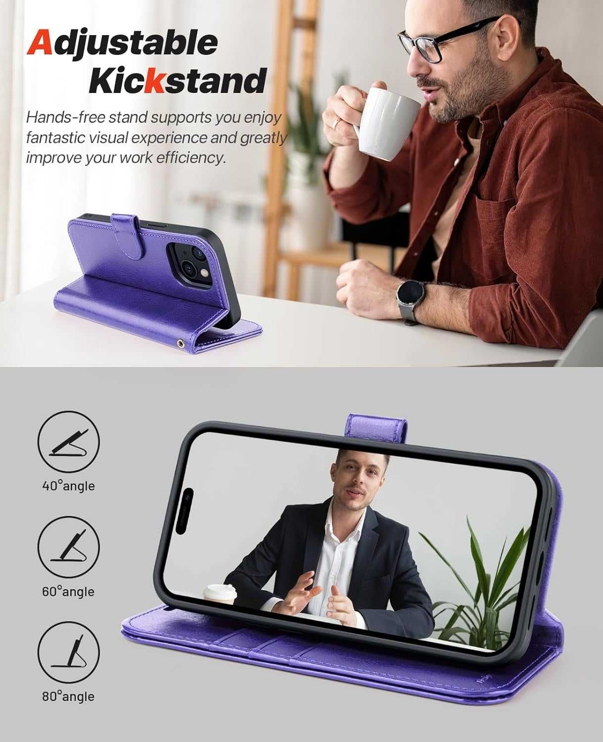 Ocase etui skórzane z klapką iPhone 15 magsafe stojak fiolet RFID 2w1