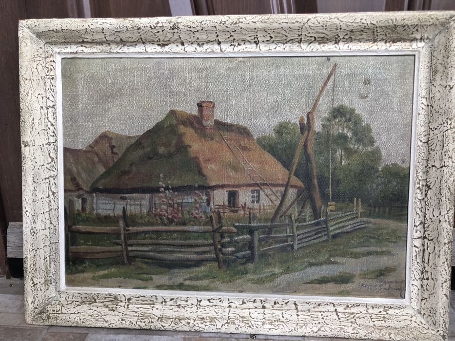 Stary obraz na płotnie z serii „Wiejskie Chaty”