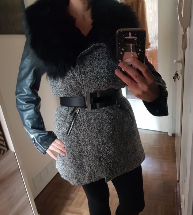 Kurtka narzutka F&F r.42 eco skóra czarna futro melanż