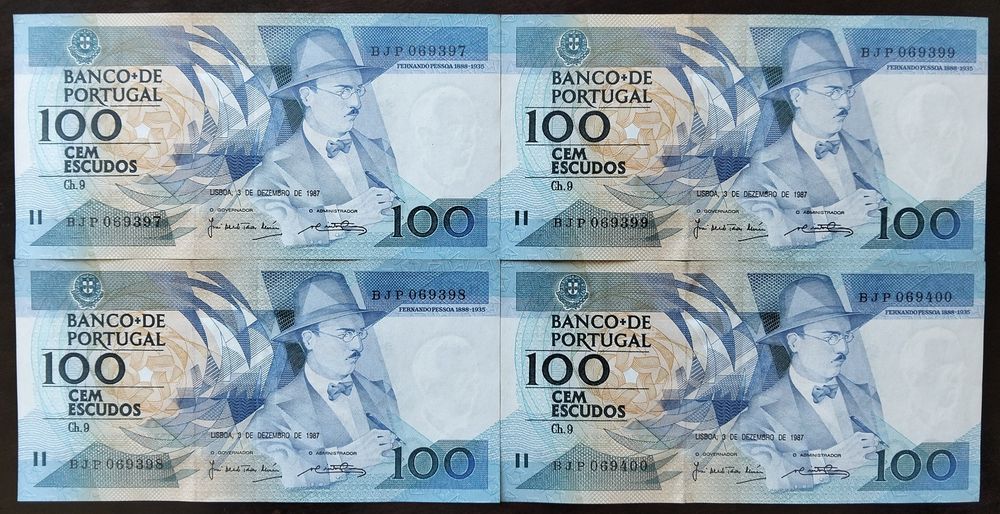 Lote 4 Notas 100$ Dezembro 1987 Fernando Pessoa Novas/Números Seguidos