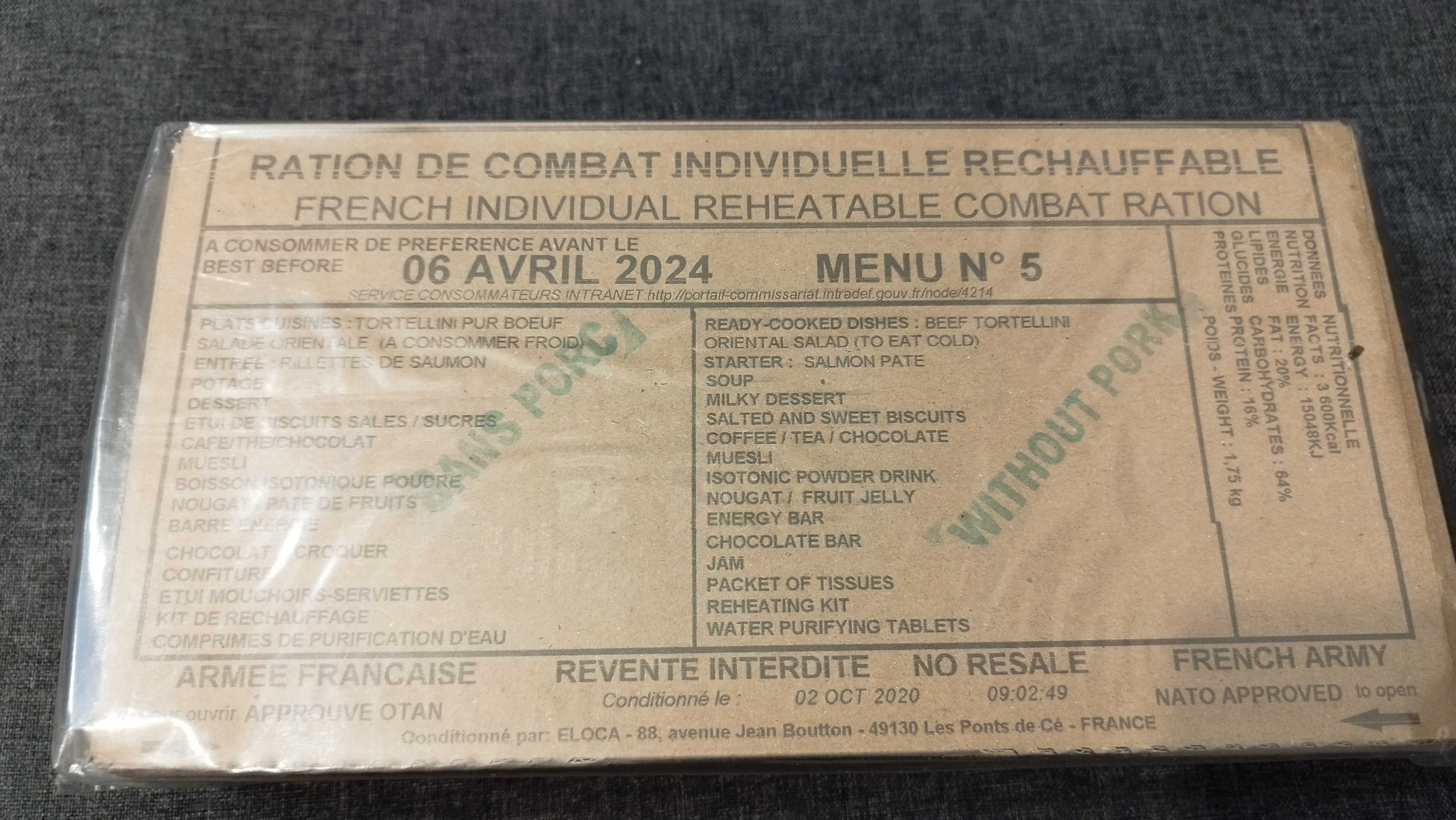 Menu 5 racja francuska wojskowa 3600 kcal 24h RCIR MRE