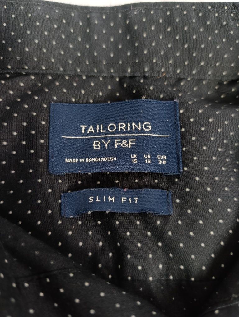 Koszula F&F 38 Slim Fit Czarna w Białe Kropki