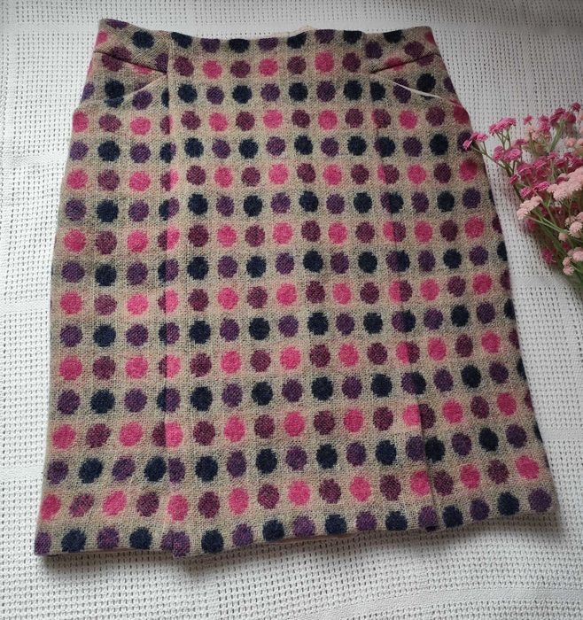 100% Wełna Boden tweed ciepła fuksja róż grochy wełniana beż spódnica