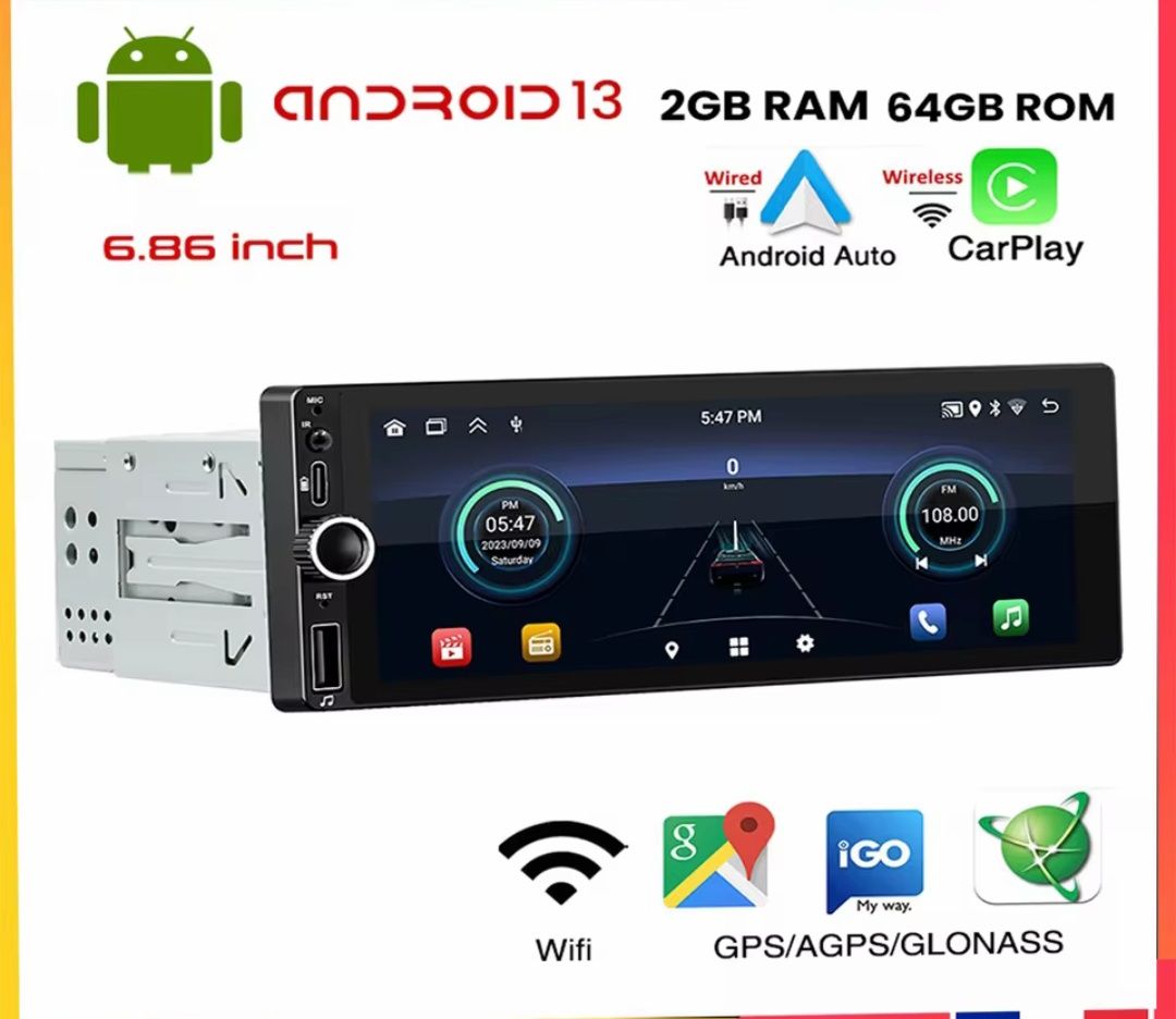 Rádio Android 1Din/2Din Carplay Auto Android Auto GPS WiFi Bluetooth