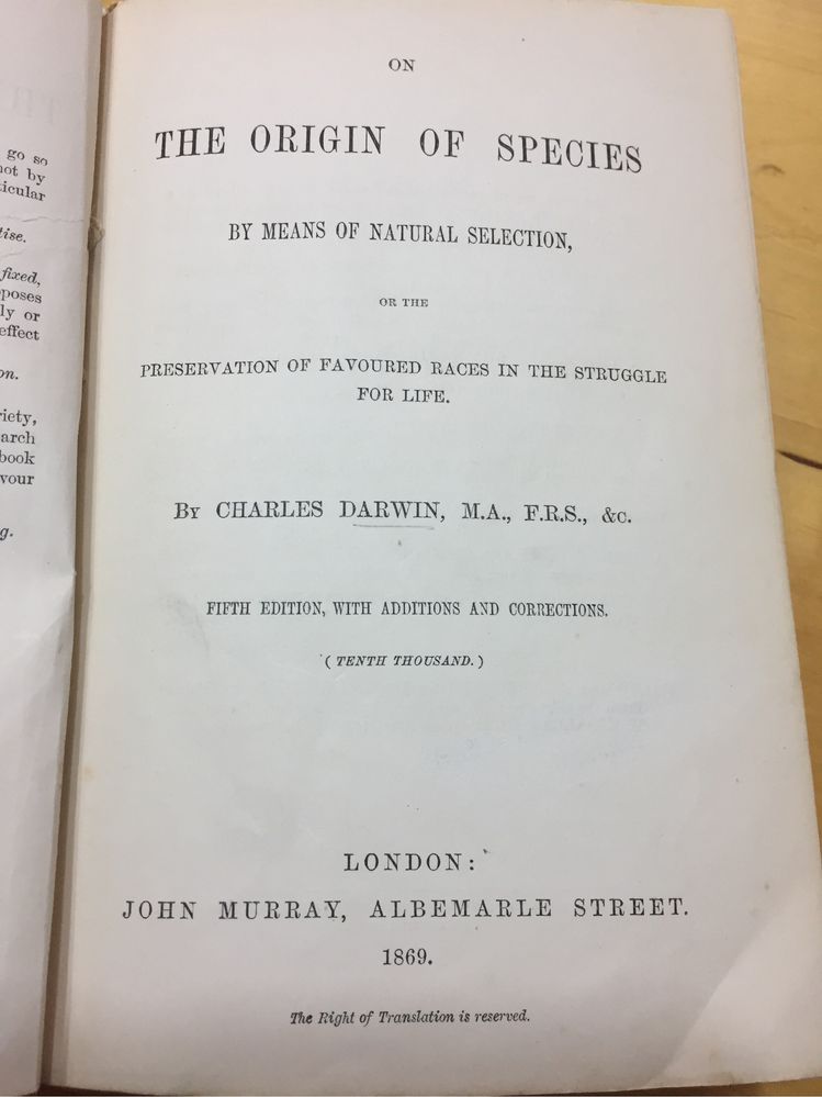 CHARLES DARWIN - On the Origin of Species 1869 - London 5th ed