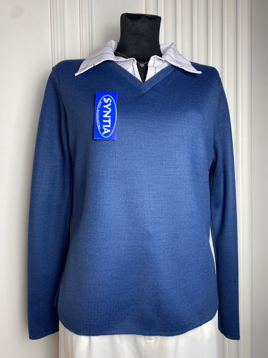 Nowy sweter damski niebieski z kołnierzykiem 40 L vintage lata 90/00