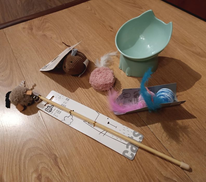 Zestaw dla kota: miseczka plastikowa i zabawki