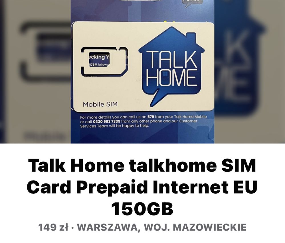 Talk Home talkhome Prepaid Card £15.00 Roaming EU 40GB