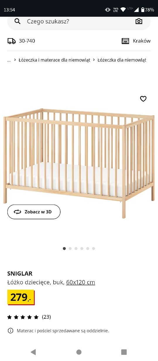 Łóżeczko Ikea Singlar, materac JÄTTETRÖTT