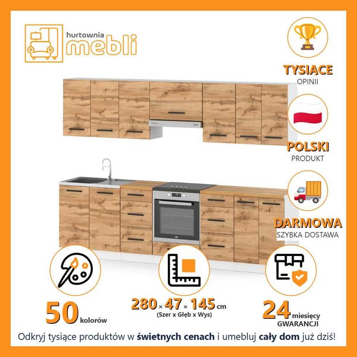 Zestaw Mebli Kuchennych Roma 2.8m Kuchnia Modułowa Nowoczesna Pojemna