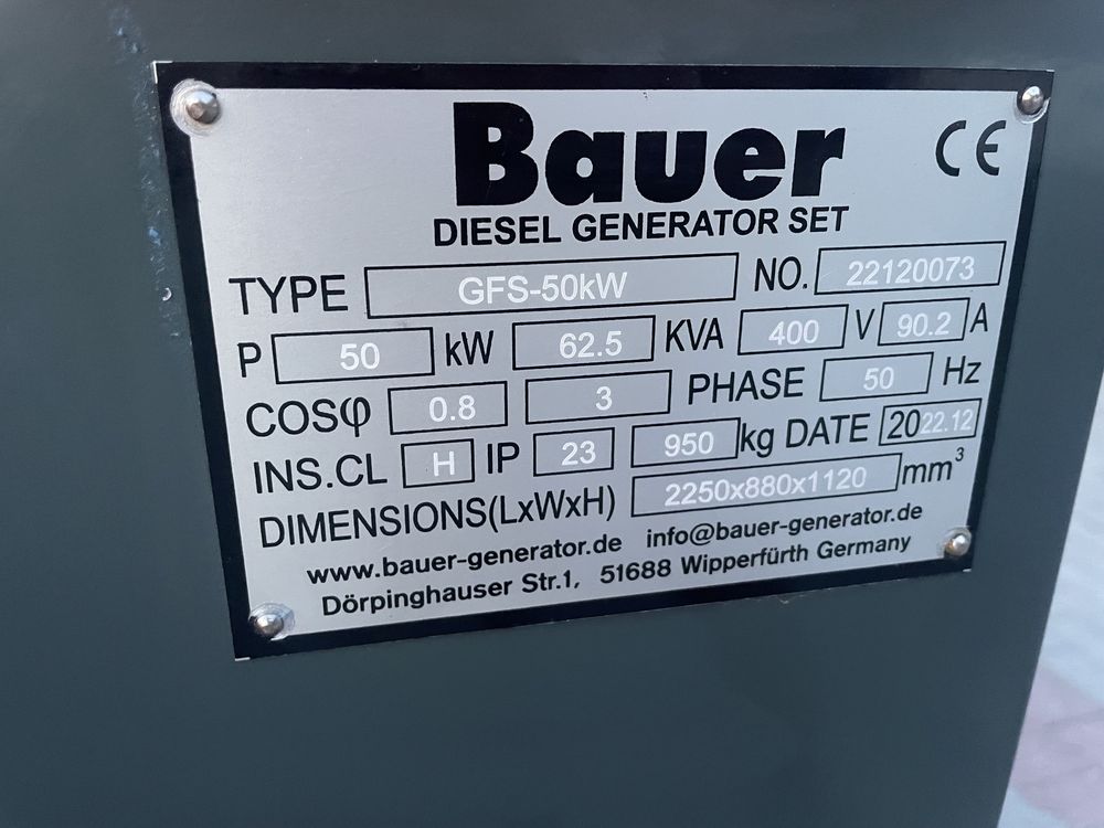 Agregat prądotwórczy BAUER GFS-50KW 50KW 62,5KVA NOWY ATS