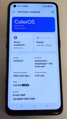 Telefon smartfon Oppo a74 stan bardzo dobry 128GB