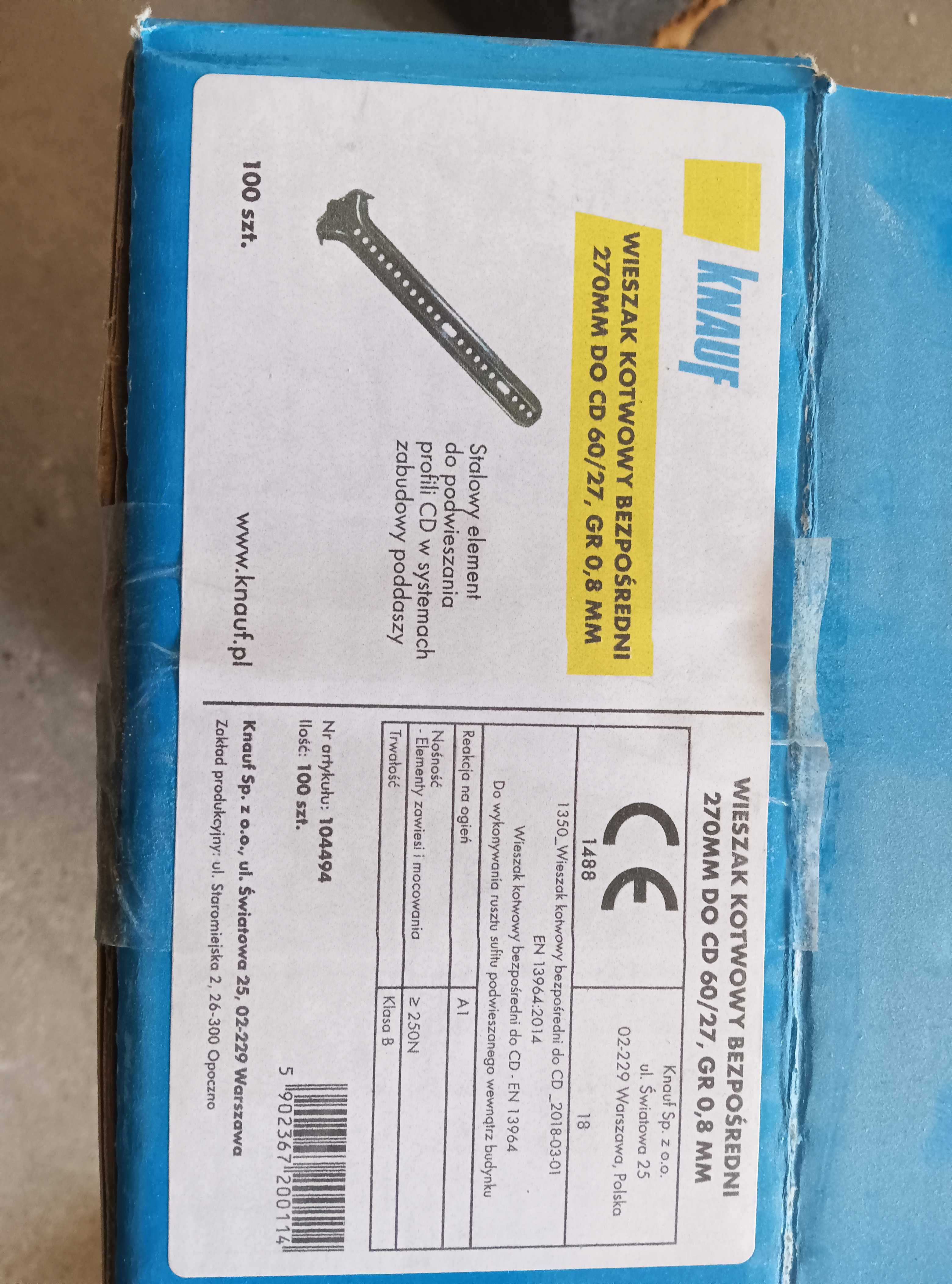 Knauf wieszaki kotwowe do profili sufitowych, 270 mm, grubość 0,8 mm