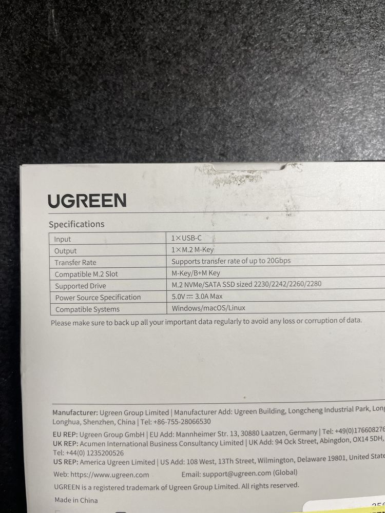 UGREEN M.2 NVMe/SATA SSD корпус 20Gbps з RGB