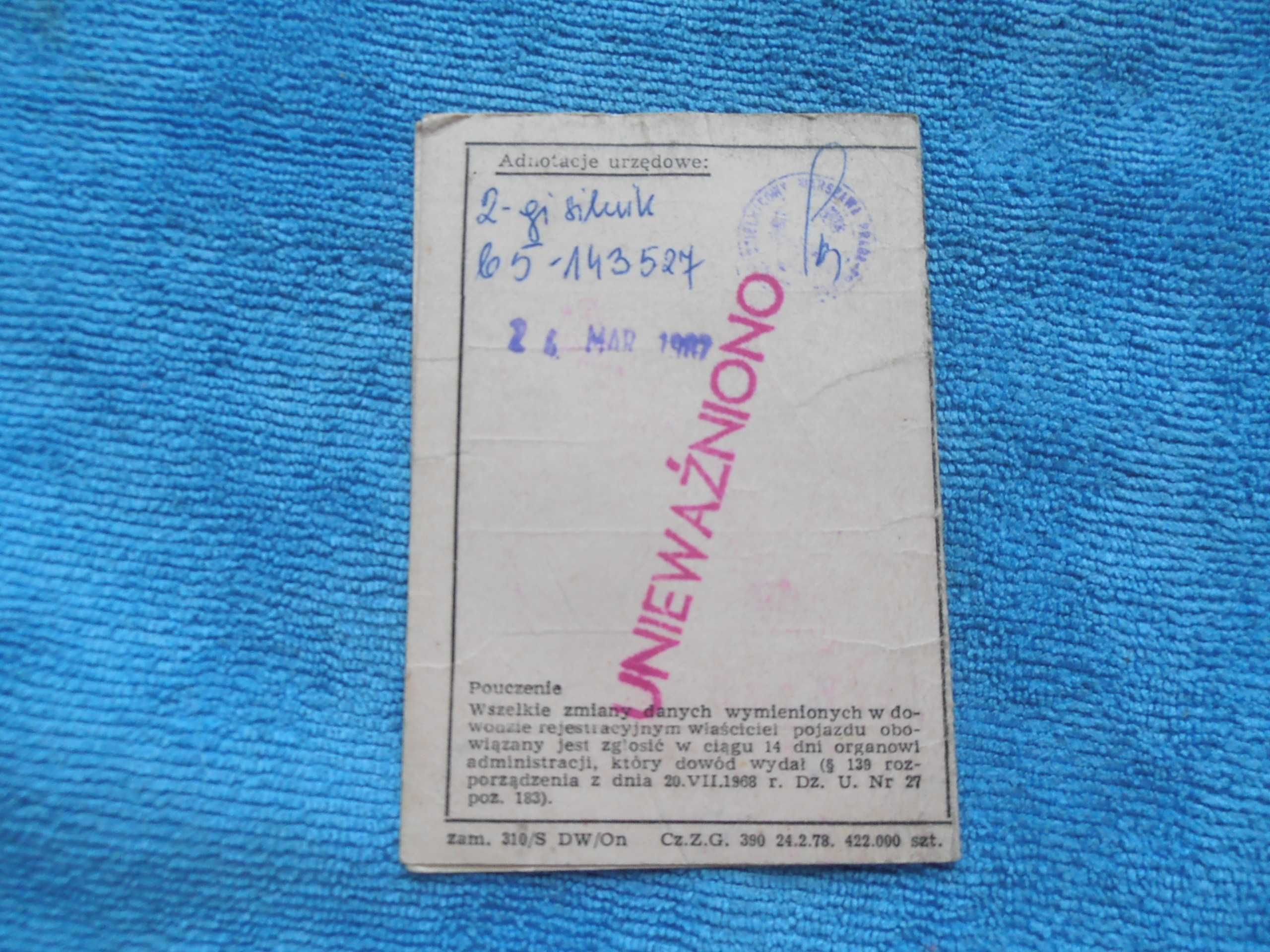 Dowód rejestracyjny kolekcjonerski Trabant 601 rok prod.1975