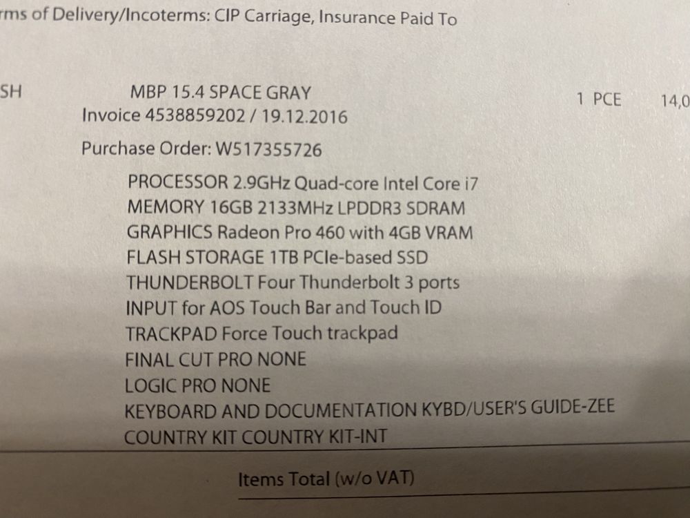 MacBook Pro 15 15,4 A1707 2,9GHz 16GB Radeon Pro460 1T Intel Core i7