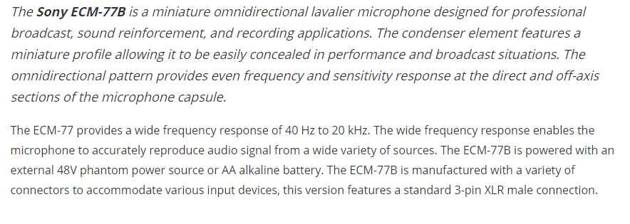 SONY ECM-77B Miniature Omnidirectional Lavalier Mic