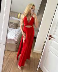 Czerwona długa letnia sukienka plażowa z dekoltem maxi rozmiar S