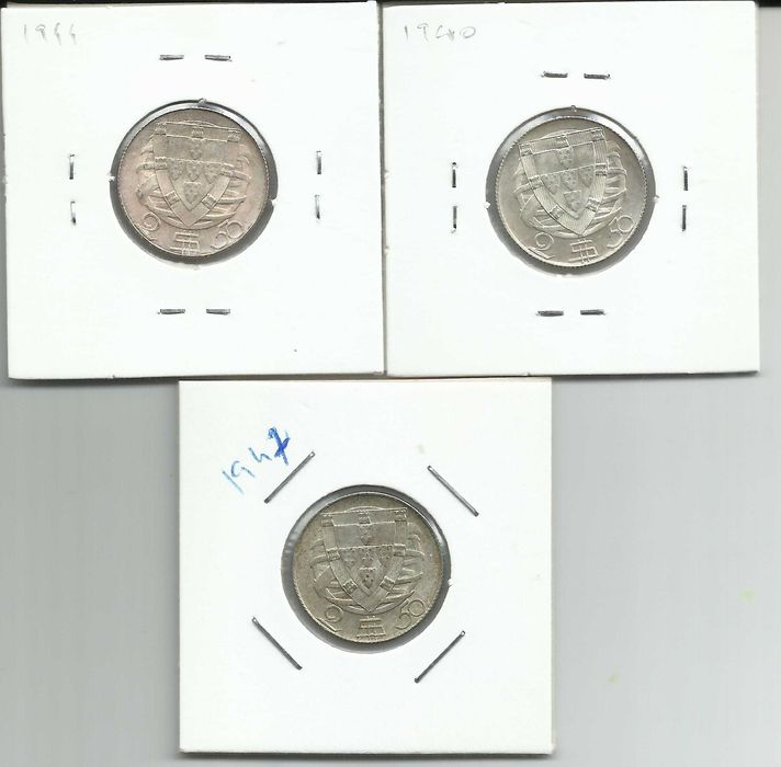 3 Moedas portuguesas - Belas – 2$50 (1940, 1944 e 1947) – Prata