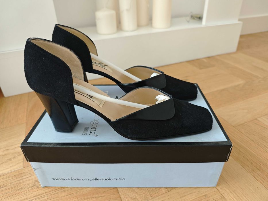 Buty na obcasie, czółenka, zamsz naturalny, r. 38 NOWE, czarne