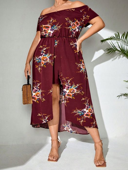 Kombinezon Letni Boho Hiszpanka W Kwiaty Burgundowy Casual Shein Xxl