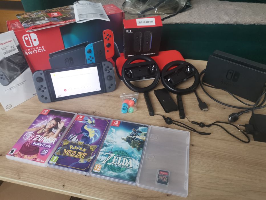 Nitendo Switch V2 pełen zestaw!Karta pamięci, pudełko,kierownice, gry