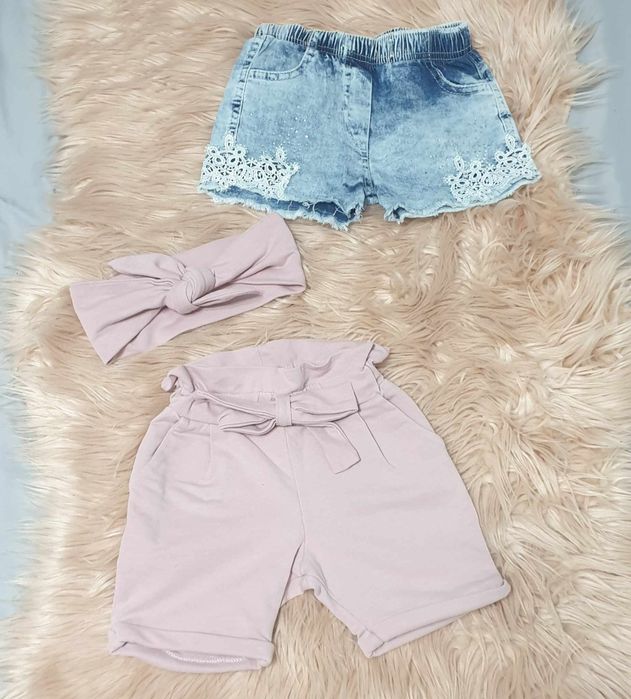 Krótkie Spodenki + opaska pin-up lato jeans, różowe roz.92