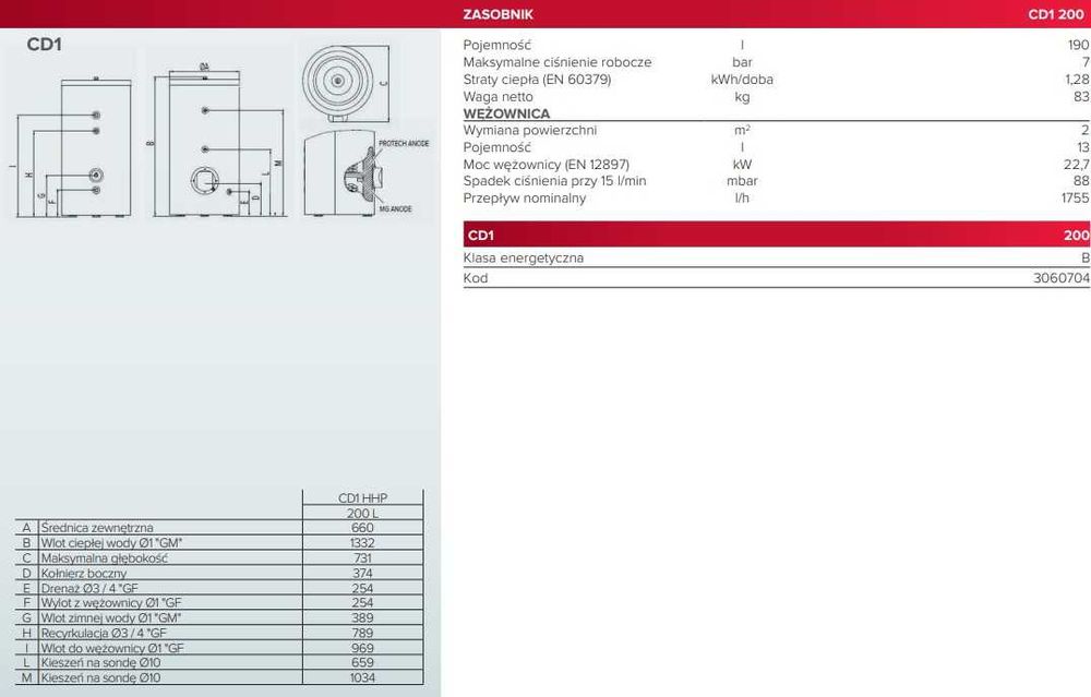 Zasobnik Ariston CD1 200L do pomp ciepła, wężownica 2m2