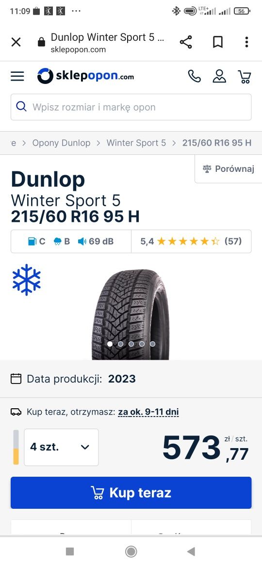 Nowe opony zimowe 215x60r16 Dunlop Winter Sport 5 okazja !!! Dot 4723