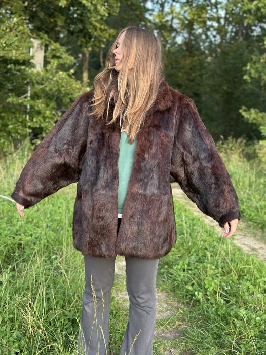 Futro naturalne boxy szerokie brazowe z jenota lisa damskie oversize l