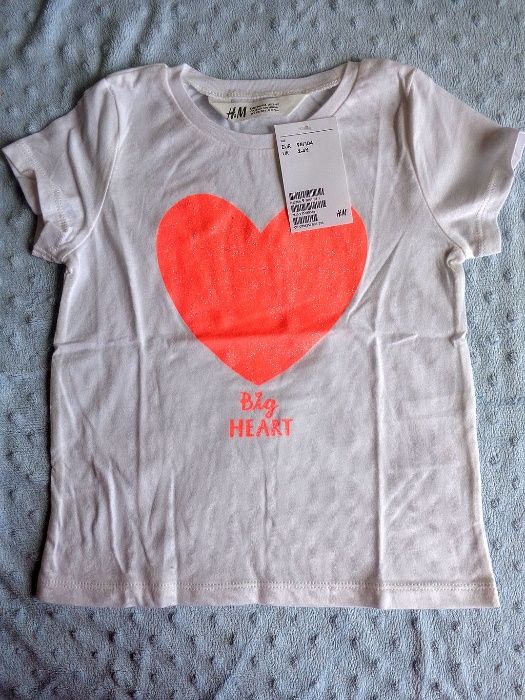 NOWY tshirt koszulka bluzka h&m hm serce serduszko brokat 92 98