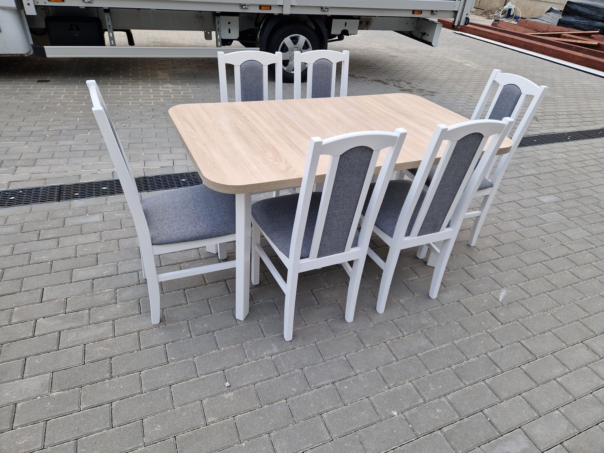 Nowe: Stół 80x140/180 + 6 krzeseł, biały/sonoma + szary, transPL