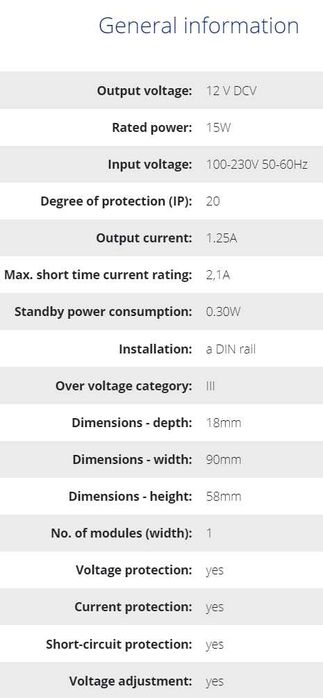 Fonte de Alimentação para trilho DIN 12V DC, 1.25A, 15W (OR-PSU-1642)