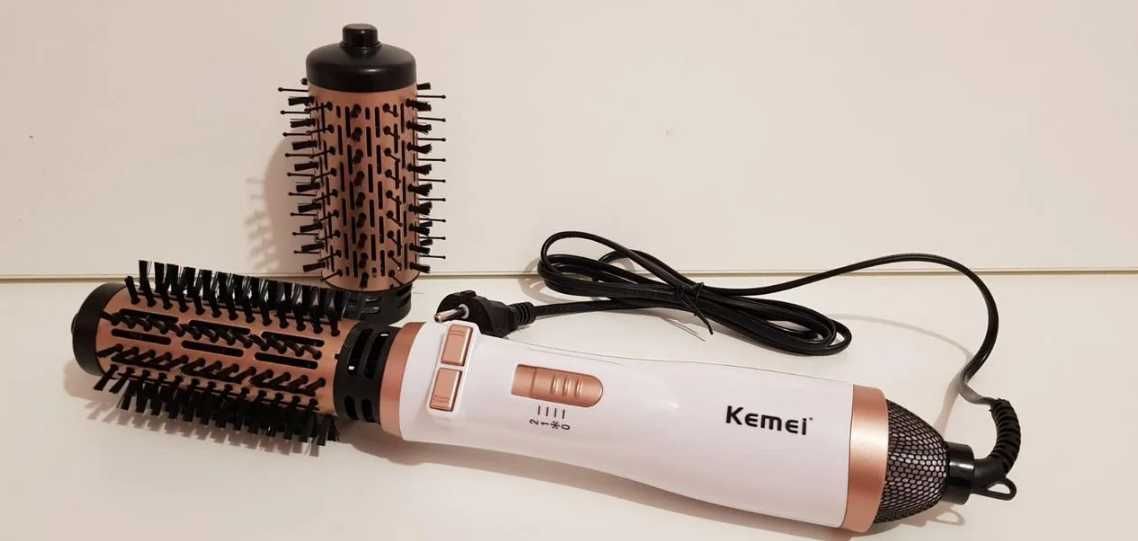 Фен-щетка для укладки волос с 2 режимами и 2 насадками Kemei