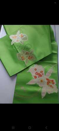Japoński pas obi do kimono 324cm zielony w kwiaty