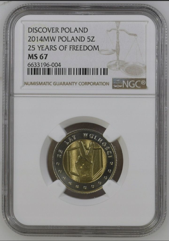 5 złotych 2014r grading NGC Ms67 25 lat wolności