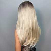 Długie proste włosy peruka blond brąz odrost pasemka ombre