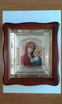 Ікона Божа Матір Казанська в темному дерев'яному кіоті під склом 21×19