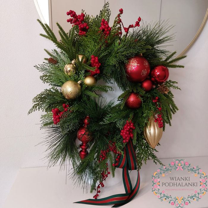 Wianek świąteczny wieniec na drzwi jak żywy złoty czerwony