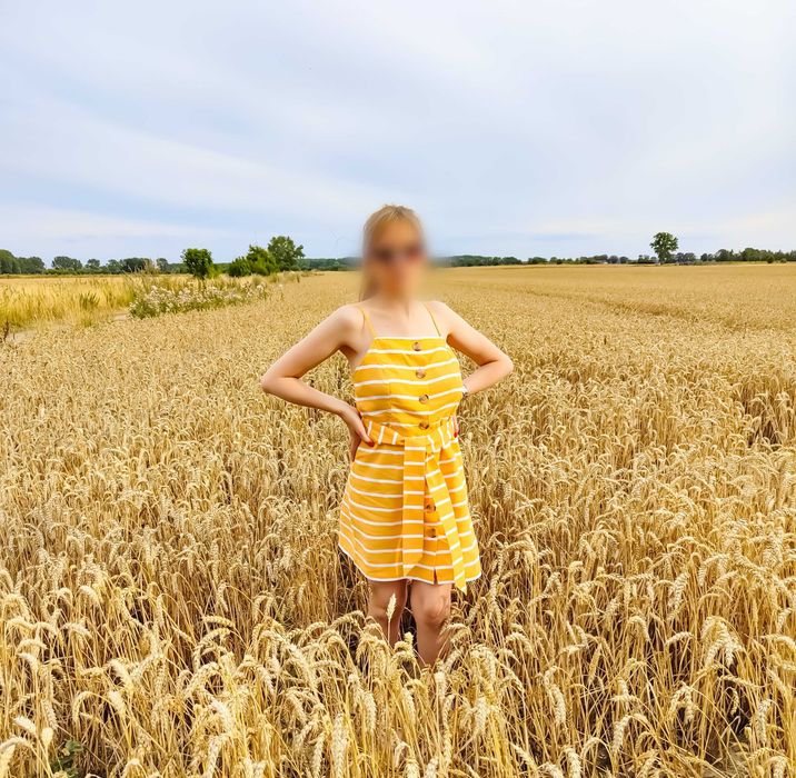 Zółta sukienka River Island 38 M w pasy paski białe len bawełna letnia