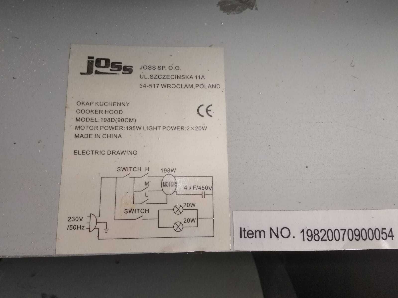 Okap 90 cm nierdzewny model 198D JOSS 198 W - lampy 2x20 W