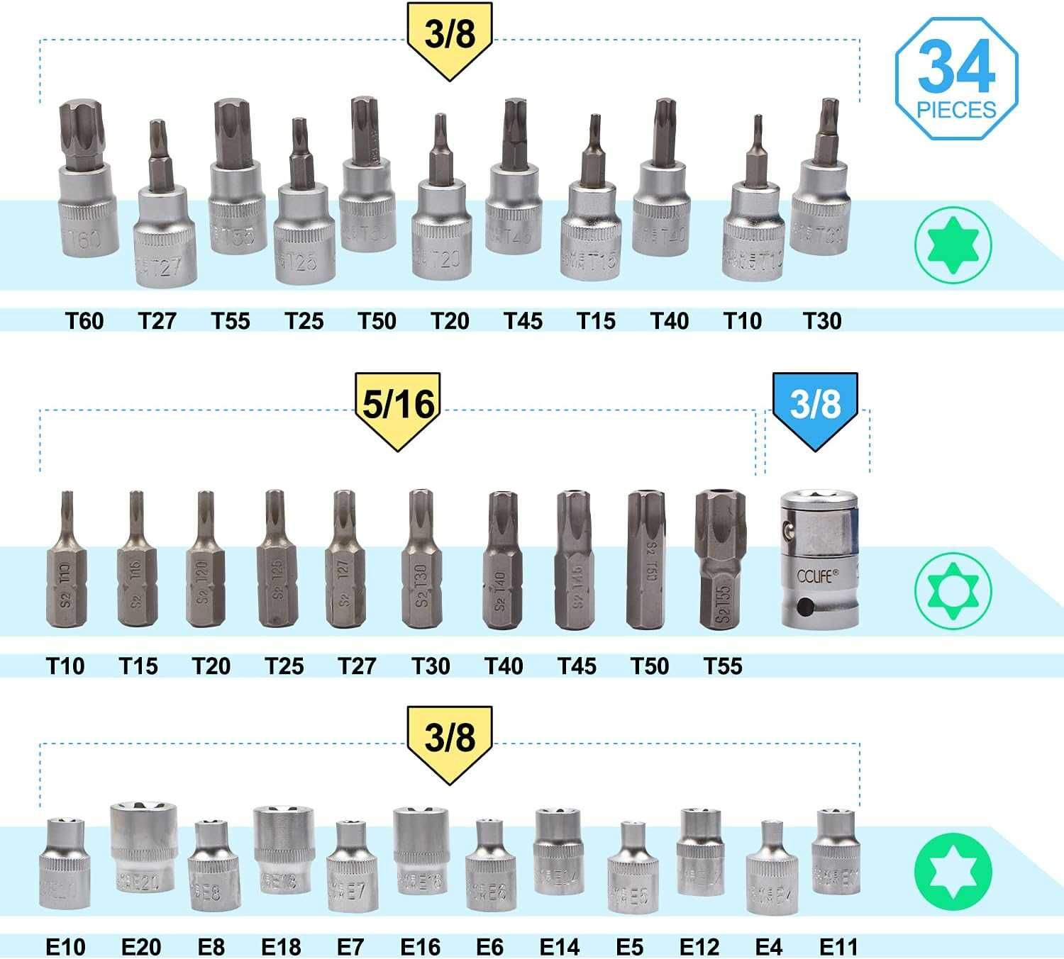 CCLIFE Klucze Torx 34 Elementy nasadki i bity E4-E20 T10-T60