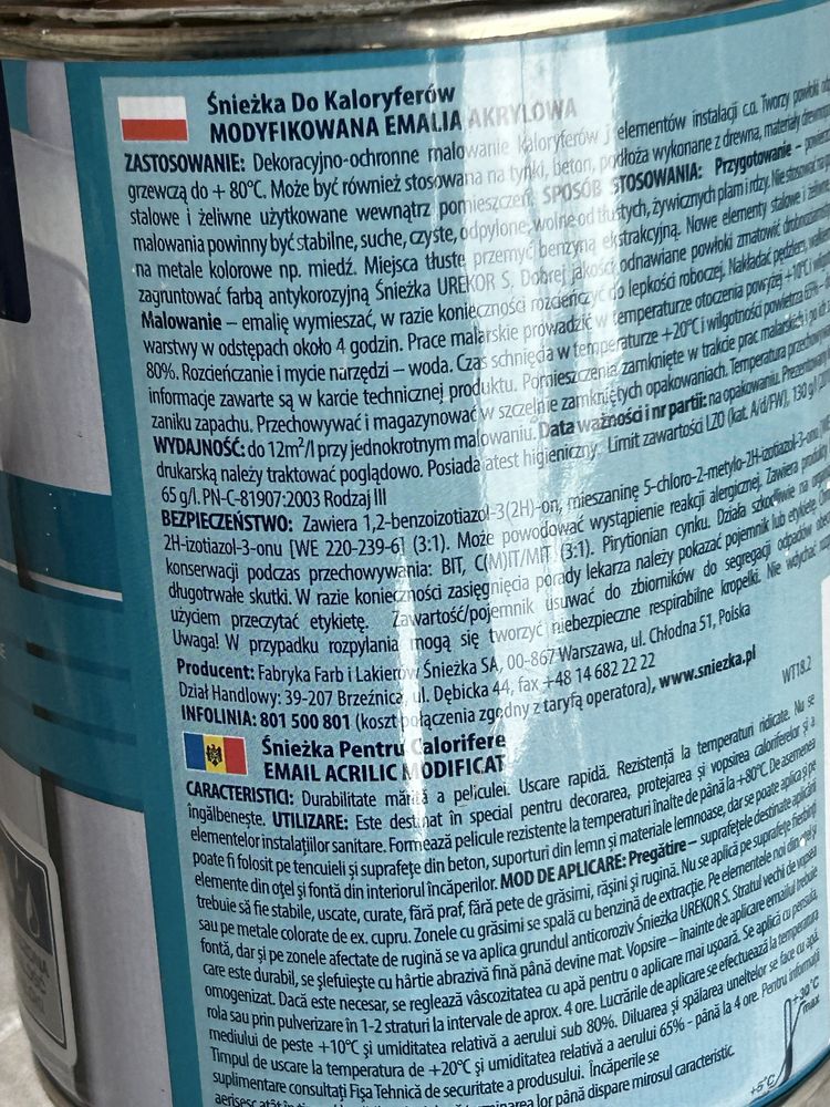 Bezwonna farba do grzejników/kaloryferów emalia akrylowa Śnieżka 0,75