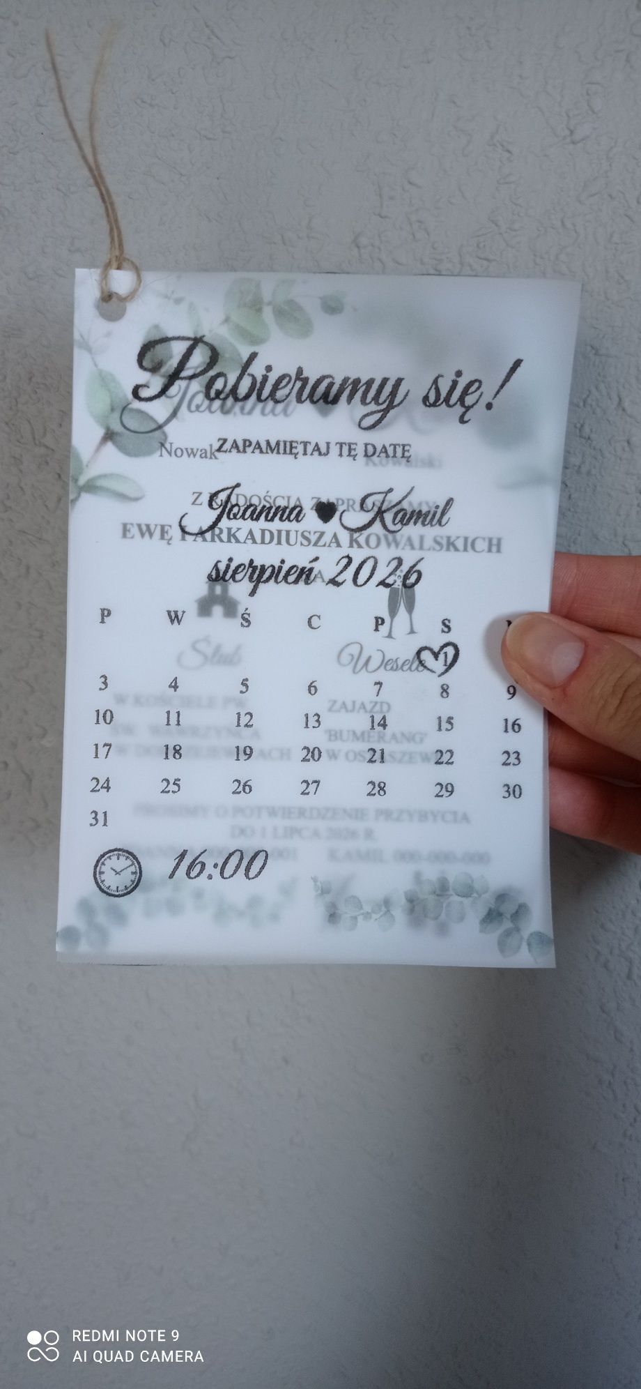 Eleganckie zaproszenia na ślub z kalką , liście eukaliptus,  kwiaty