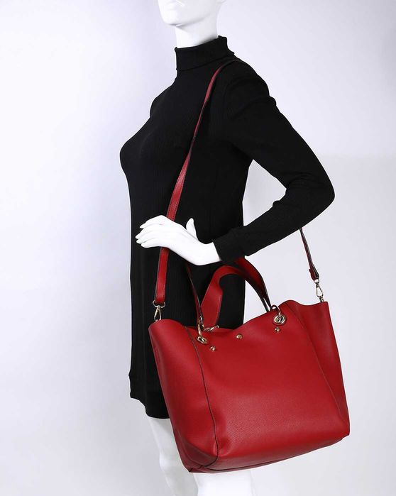 Torebka damska czerwona DUŻA Skóry Krótki długi pasek Zatrzask WIN19