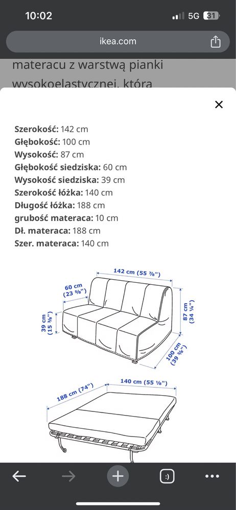 Sofa rozkladana dwuosobowa Ikea beż