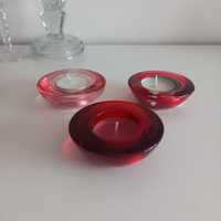 Świeczniki szklane na tealighty czerwone kolorowe szkło 3 x świecznik