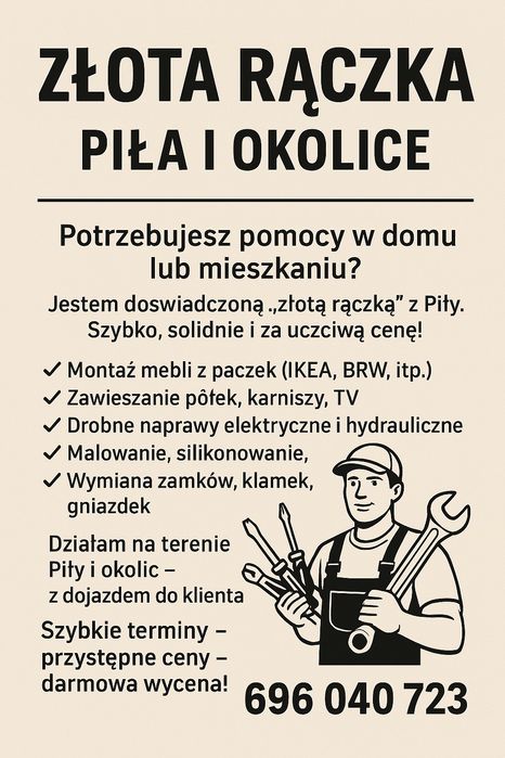 ZŁOTA RĄCZKA – Piła,Trzcianka,Czarnków, Wałcz| Drobne naprawy, montaż